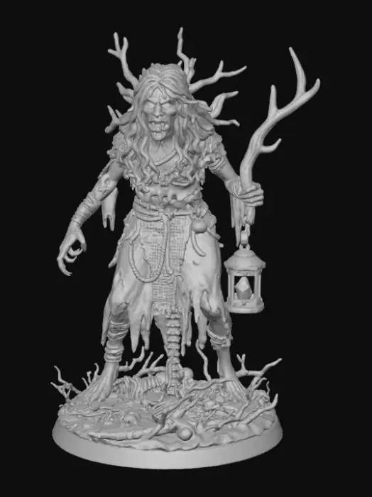 3D model for A 3D image of a swamp hag wearing ragged clothing.  Her hair hangs in tangled strands.  She carries a deer antler in one hand with a lantern hanging from it.  Standing on a round horror-themed base.  Transparent background.  , #Halloween2025#