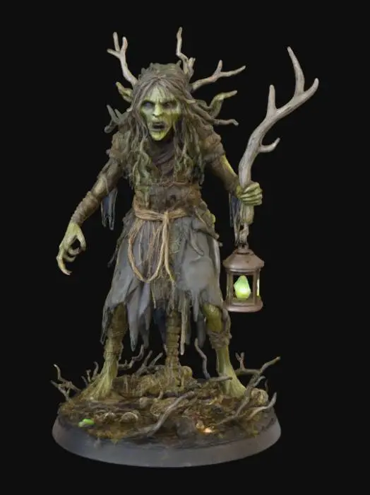 3D model for A 3D image of a swamp hag wearing ragged clothing.  Her hair hangs in tangled strands.  She carries a deer antler in one hand with a lantern hanging from it.  Standing on a round horror-themed base.  Transparent background.  , #Halloween2025#