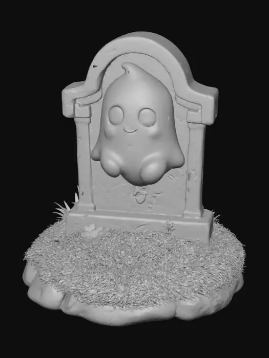 3D model for A 3D image of a chibi-style ghost sitting on top of a gravestone.  The gravestone is set on a rounded grassy mound.  Transparent or white background. , #Halloween2025#