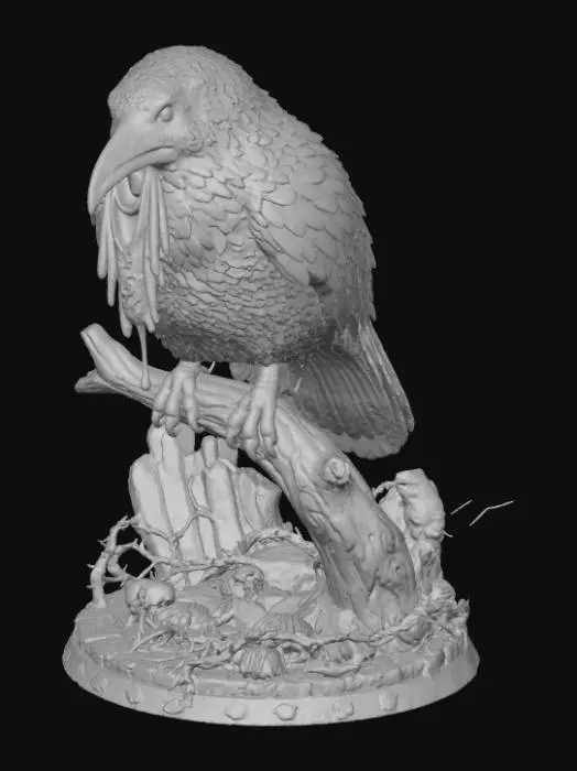 3D model for A 3D image of a menacing looking raven on a wooden perch.  It 's beak it holds a bloody scrap of cloth.  The scene is set on a round horror-themed base. Moody lighting. , #Halloween2025#