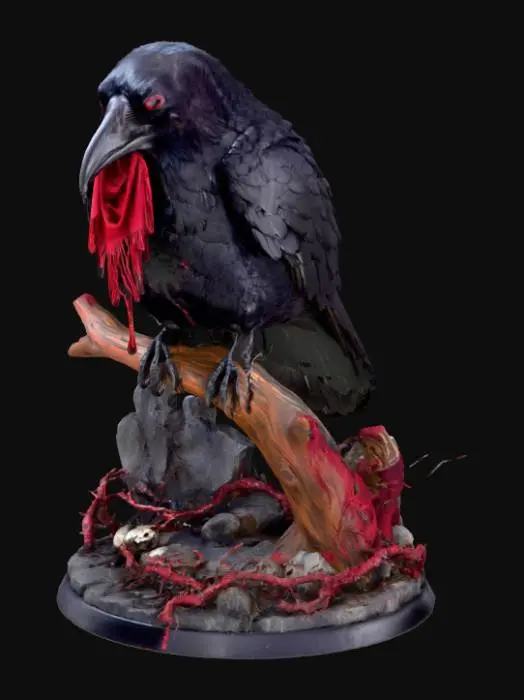 3D model for A 3D image of a menacing looking raven on a wooden perch.  It 's beak it holds a bloody scrap of cloth.  The scene is set on a round horror-themed base. Moody lighting. , #Halloween2025#