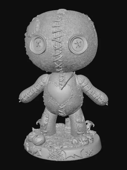 3D model for A 3D image of a chibi voodoo doll made of burlap and stitched together with black cord.  The doll has roughly cut patches. button eyes, and a single needle through a heart-shaped patch on it's chest.  Set on a round Halloween-themed base.  Moody lighting.  , #Halloween2025#