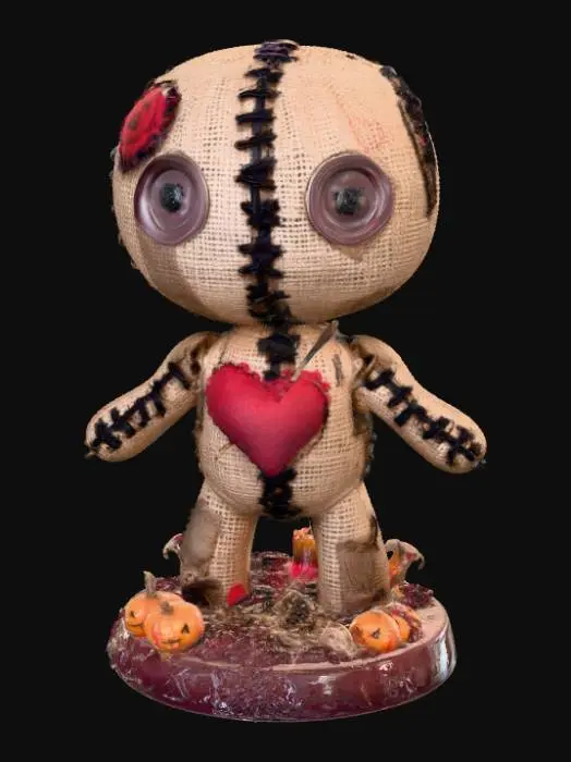 3D model for A 3D image of a chibi voodoo doll made of burlap and stitched together with black cord.  The doll has roughly cut patches. button eyes, and a single needle through a heart-shaped patch on it's chest.  Set on a round Halloween-themed base.  Moody lighting.  , #Halloween2025#