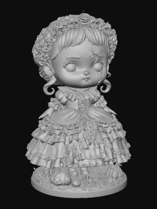 3D model for A 3D image of a chibi china doll made of porcelain and wearing a ruffled dress.  The doll has a large crack down the side of her face.  Set on a round Halloween-themed base.  Moody lighting.  , #Halloween2025#