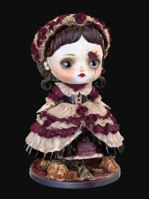 3D model for A 3D image of a chibi china doll made of porcelain and wearing a ruffled dress.  The doll has a large crack down the side of her face.  Set on a round Halloween-themed base.  Moody lighting.  , #Halloween2025#