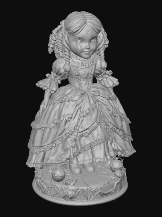 3D model for A 3D image of a menacing looking china doll made of porcelain and wearing a ruffled dress.  She has blonde ringlettes.  The doll has a large crack down the side of her face.  Set on a round Halloween-themed base.  Moody lighting.  , #Halloween2025#
