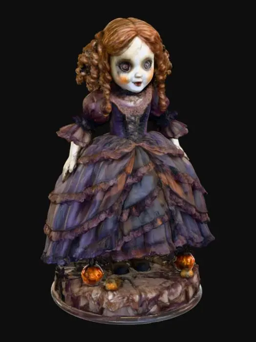 3D model for A 3D image of a menacing looking china doll made of porcelain and wearing a ruffled dress.  She has blonde ringlettes.  The doll has a large crack down the side of her face.  Set on a round Halloween-themed base.  Moody lighting.  , #Halloween2025#