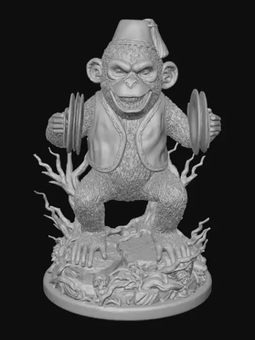 3D model for A 3D image of a menacing toy monkey that plays the cimbals.  The monkey is wearing a red fez and a red vest trimmed in gold. It has dark, deepset eyes and a wide toothy grin. Set on a round horror-themed base.  Moody lighting.  , #Halloween2025#