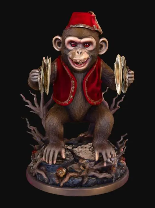 3D model for A 3D image of a menacing toy monkey that plays the cimbals.  The monkey is wearing a red fez and a red vest trimmed in gold. It has dark, deepset eyes and a wide toothy grin. Set on a round horror-themed base.  Moody lighting.  , #Halloween2025#