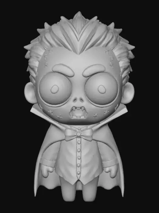 3D model for A 3D image of a chibi-style zombie dressed like a vampire.  The zombie has large bulging eyes and a slack expression. Dusky lighting.  #Halloween2025#
