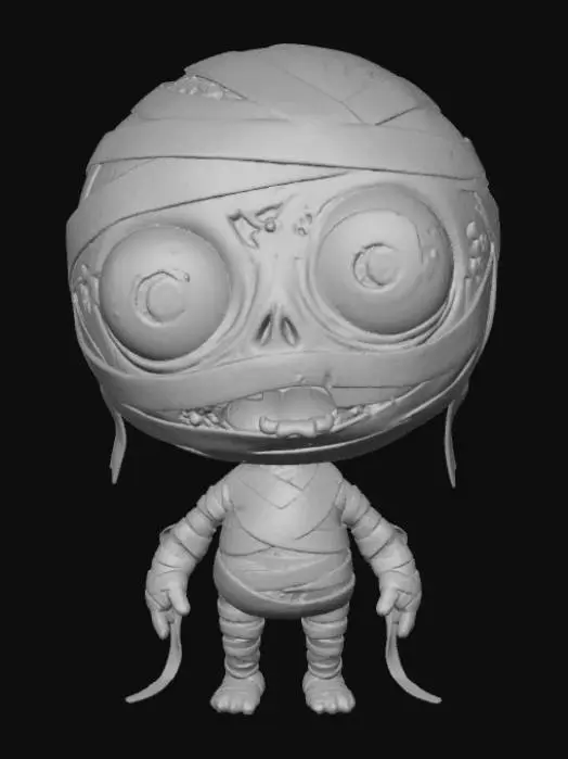 3D model for A 3D image of a chibi-style zombie dressed like a mummy.  The zombie has large bulging eyes and a slack expression. Dusky lighting.  #Halloween2025#