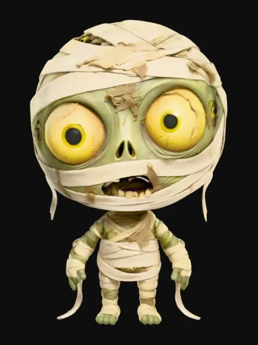 3D model for A 3D image of a chibi-style zombie dressed like a mummy.  The zombie has large bulging eyes and a slack expression. Dusky lighting.  #Halloween2025#