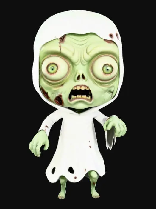 3D model for A 3D image of a chibi-style zombie dressed like a ghost.  The zombie has large bulging eyes and a slack expression. Dusky lighting.  #Halloween2025#
