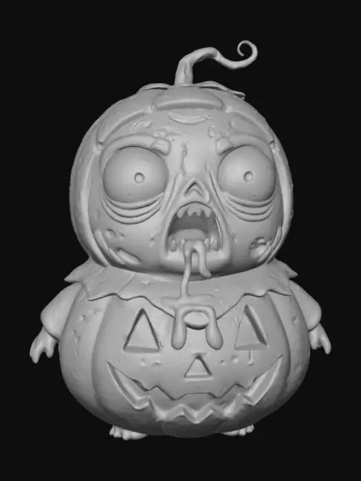3D model for A 3D image of a chibi-style zombie dressed like a pumpkin.  The zombie has large bulging eyes and a drooling mouth. Dusky lighting.  #Halloween2025#