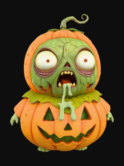 3D model for A 3D image of a chibi-style zombie dressed like a pumpkin.  The zombie has large bulging eyes and a drooling mouth. Dusky lighting.  #Halloween2025#