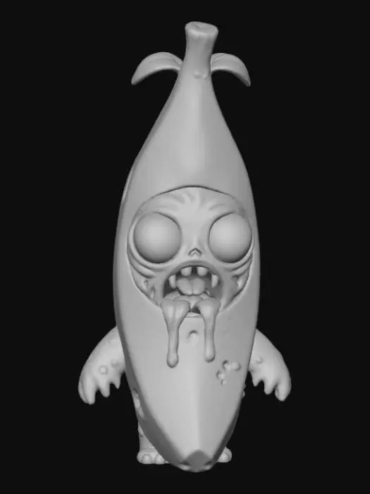 3D model for A 3D image of a chibi-style zombie dressed like a banana.  The zombie has large bulging eyes and a drooling mouth. Dusky lighting.  #Halloween2025#
