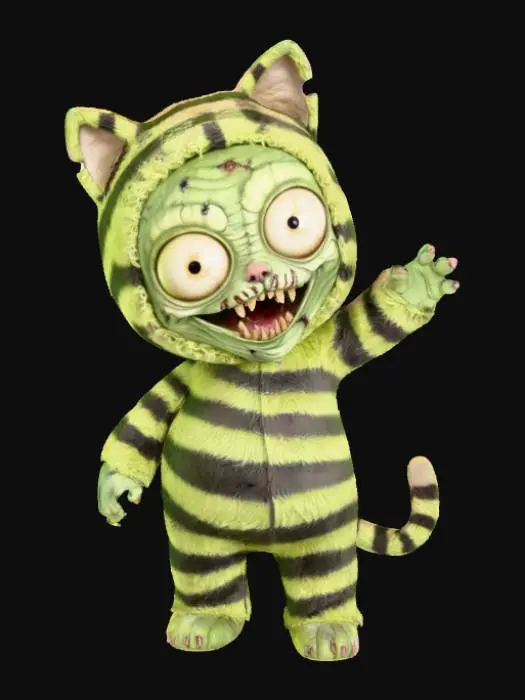 3D model for A 3D image of a chibi-style zombie dressed like a cat.  The zombie has large bulging eyes and a sloppy smile. Dusky lighting.  #Halloween2025#