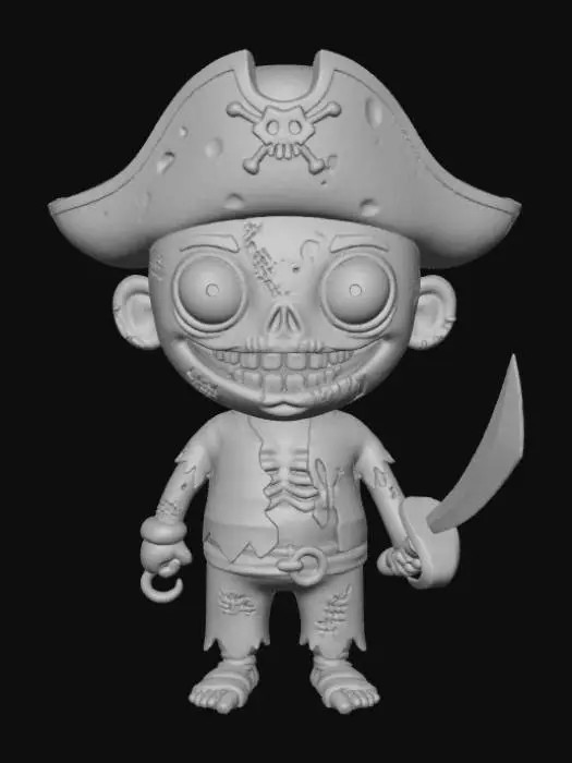 3D model for A 3D image of a chibi-style zombie dressed like a pirate.  The zombie has large bulging eyes and a sloppy smile. Dusky lighting.  #Halloween2025#