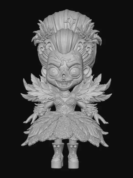 3D model for A 3D image of a cute chibi-style zombie dressed like a drag queen. The zombie has large bulging eyes and a slack-jawed smile. Thick and bold details. Deeply etched and embossed.  Highly stylized. Matte finish. Dusky lighting. #Halloween2025#