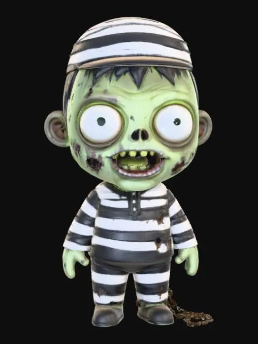 3D model for A 3D image of a cute chibi-style zombie dressed like a prisoner. The zombie has large bulging eyes and a slack-jawed smile. Thick and bold details. Deeply etched and embossed.  Highly stylized. Matte finish. Dusky lighting. #Halloween2025#
