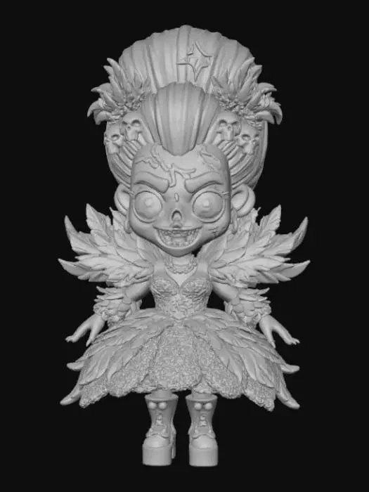 3D model for A 3D image of a cute chibi-style zombie dressed like a drag queen. The zombie has large bulging eyes and a slack-jawed smile. Thick and bold details. Deeply etched and embossed.  Highly stylized. Matte finish. Dusky lighting. #Halloween2025#