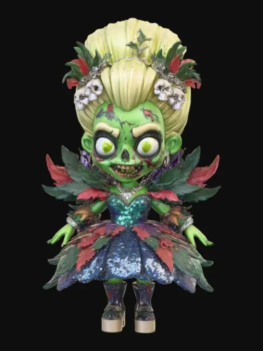3D model for A 3D image of a cute chibi-style zombie dressed like a drag queen. The zombie has large bulging eyes and a slack-jawed smile. Thick and bold details. Deeply etched and embossed.  Highly stylized. Matte finish. Dusky lighting. #Halloween2025#