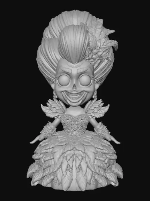 3D model for A 3D image of a cute chibi-style zombie dressed like a drag queen. The zombie has large bulging eyes and a slack-jawed smile. Thick and bold details. Deeply etched and embossed. Highly stylized. Matte finish. Dusky lighting. #Halloween2025#