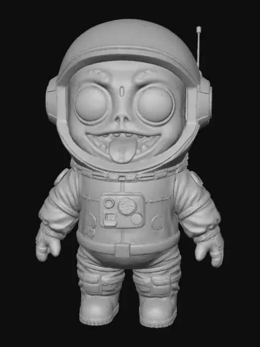 3D model for A 3D image of a cute chibi-style zombie dressed like an astronaut. The zombie has large bulging eyes and a slack-jawed smile. Thick and bold details. Deeply etched and embossed.  Highly stylized. Matte finish. Dusky lighting. #Halloween2025#