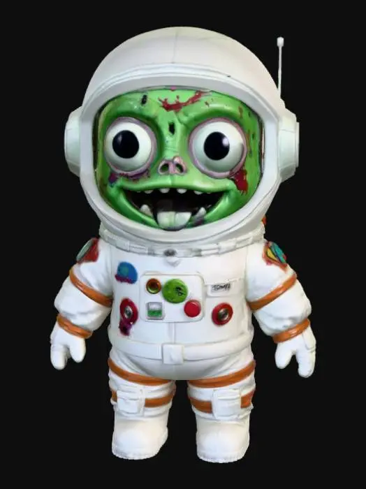 3D model for A 3D image of a cute chibi-style zombie dressed like an astronaut. The zombie has large bulging eyes and a slack-jawed smile. Thick and bold details. Deeply etched and embossed.  Highly stylized. Matte finish. Dusky lighting. #Halloween2025#
