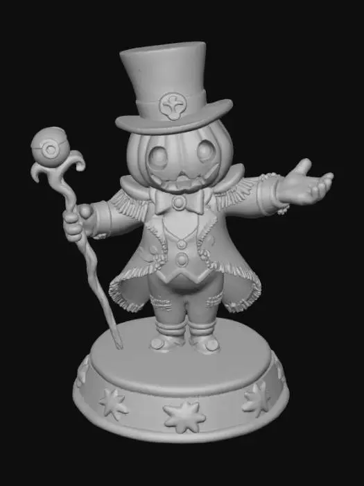 3D model for a 3D image of a spooky kawaii circus ringmaster with a pumpkin head.  He is wearing a top hat and a flamoyant suit.  He holds a walking stick in one hand and is gesturing grandly.  He stands on a round circus-themed base.  Bold and thick details.  Highly detailed.  Highly stylized. Matte finish. Dusky lighting. #Halloween2025#