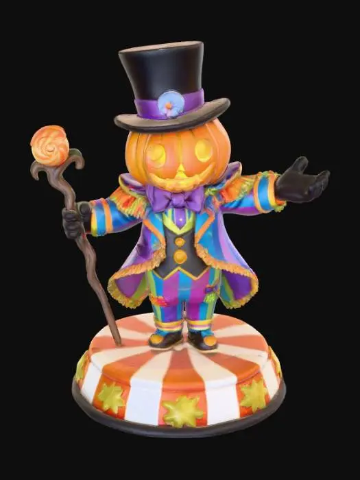 3D model for a 3D image of a spooky kawaii circus ringmaster with a pumpkin head.  He is wearing a top hat and a flamoyant suit.  He holds a walking stick in one hand and is gesturing grandly.  He stands on a round circus-themed base.  Bold and thick details.  Highly detailed.  Highly stylized. Matte finish. Dusky lighting. #Halloween2025#
