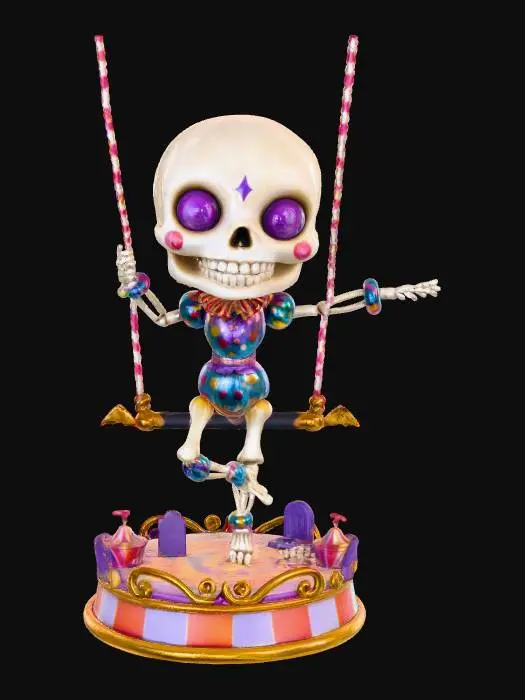 3D model for a 3D image of a spooky kawaii circus skeleton acrobat.  She is wearing a sparkly leotard.  She is swinging from a trapeze.  The scene is set on a round circus-themed base.  Bold and thick details.  Highly detailed.  Highly stylized. Matte finish. Dusky lighting. #Halloween2025#