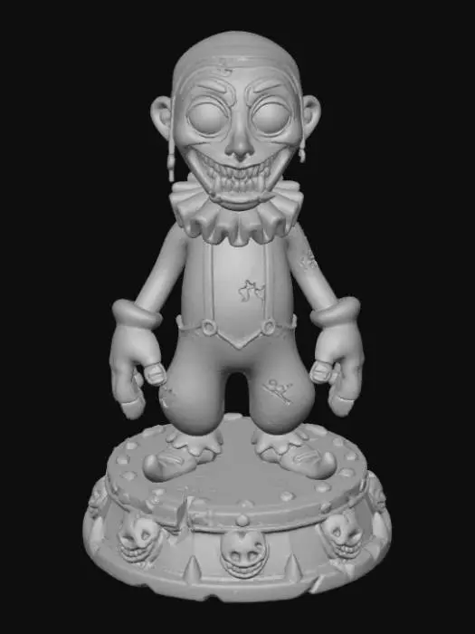 3D model for a 3D image of a spooky kawaii circus zombie mime.  Wearing black and white striped clothing.  Exaggerated facial expression.  The scene is set on a round circus-themed base.  Bold and thick details.  Highly detailed.  Highly stylized. Matte finish. Dusky lighting. #Halloween2025#