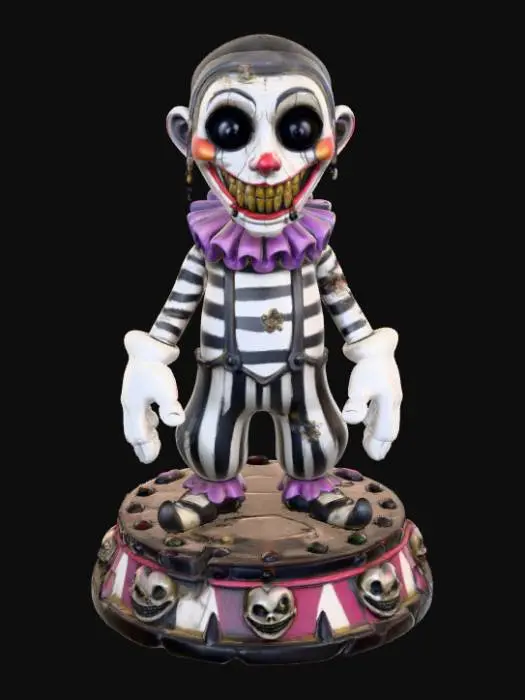 3D model for a 3D image of a spooky kawaii circus zombie mime.  Wearing black and white striped clothing.  Exaggerated facial expression.  The scene is set on a round circus-themed base.  Bold and thick details.  Highly detailed.  Highly stylized. Matte finish. Dusky lighting. #Halloween2025#