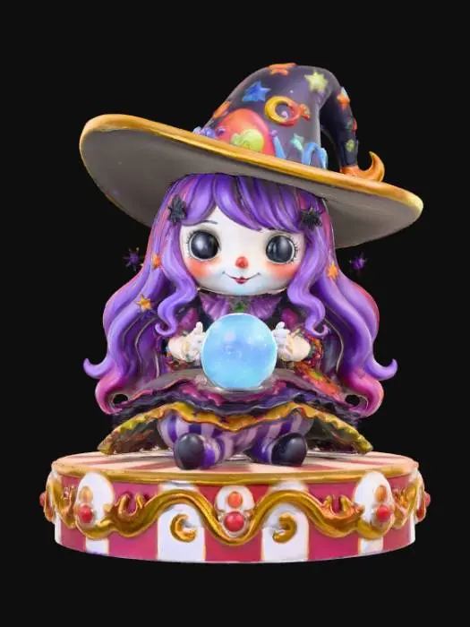 3D model for a 3D image of a spooky kawaii circus witch fortune teller.  She is looking into a glowing crystal ball.  The scene is set on a round circus-themed base.  Bold and thick details.  Highly detailed.  Highly stylized. Matte finish. Dusky lighting. #Halloween2025#