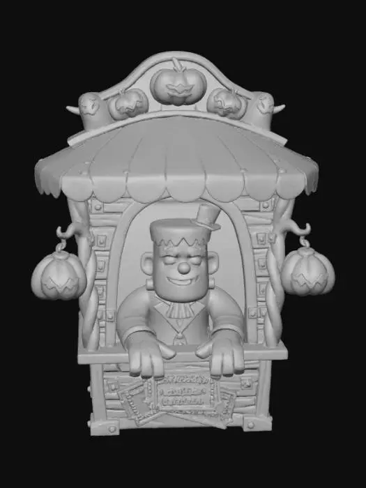 3D model for a 3D image of a spooky kawaii circus ticket booth manned by Frankenstein.  Bold and thick details.  Highly detailed.  Highly stylized. Matte finish. Dusky lighting. #Halloween2025#