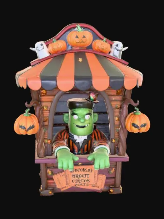 3D model for a 3D image of a spooky kawaii circus ticket booth manned by Frankenstein.  Bold and thick details.  Highly detailed.  Highly stylized. Matte finish. Dusky lighting. #Halloween2025#