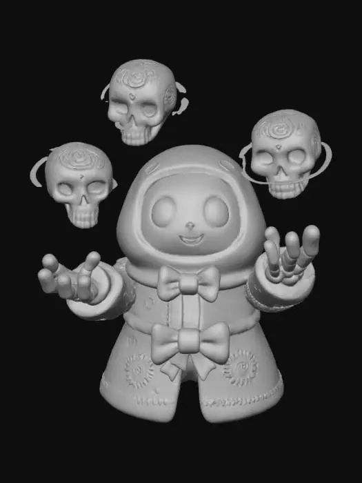 3D model for a 3D image of a spooky kawaii circus grim reaper juggler juggling skulls. Bold and thick details. Highly detailed. Highly stylized. Matte finish. Dusky lighting. #Halloween2025#