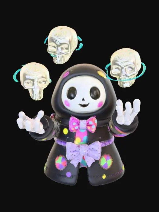 3D model for a 3D image of a spooky kawaii circus grim reaper juggler juggling skulls. Bold and thick details. Highly detailed. Highly stylized. Matte finish. Dusky lighting. #Halloween2025#