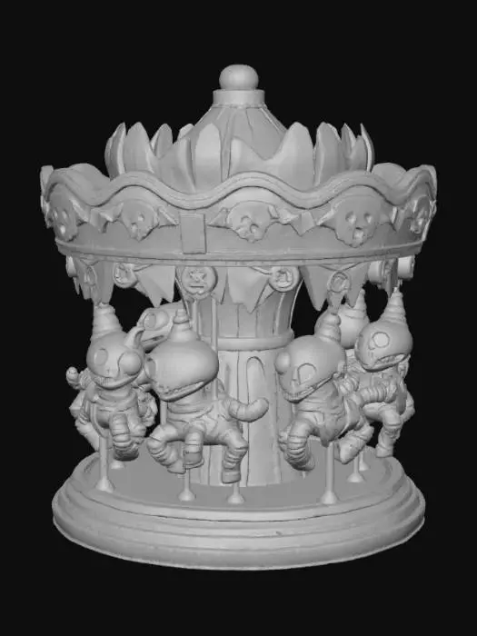 3D model for a 3D image of a spooky kawaii circus carousel with skeleton horses. Bold and thick details. Highly detailed. Highly stylized. Matte finish. Dusky lighting. #Halloween2025#