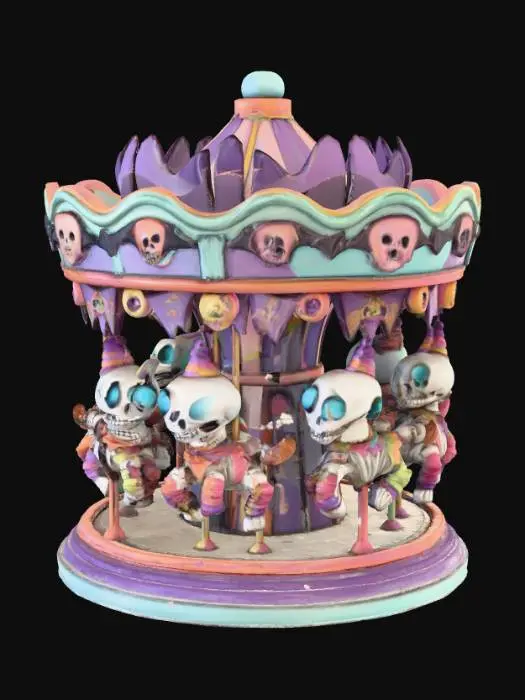 3D model for a 3D image of a spooky kawaii circus carousel with skeleton horses. Bold and thick details. Highly detailed. Highly stylized. Matte finish. Dusky lighting. #Halloween2025#