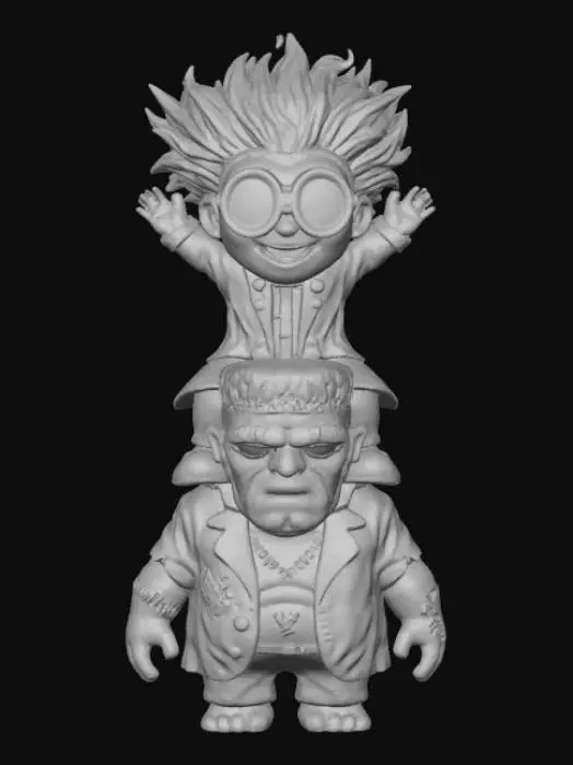 3D model for A 3D image of a chibi-style mad scientist riding on Frankenstein's shoulders. Thick and bold detail.  Muted lighting.  Matte finish.  #Halloween2025