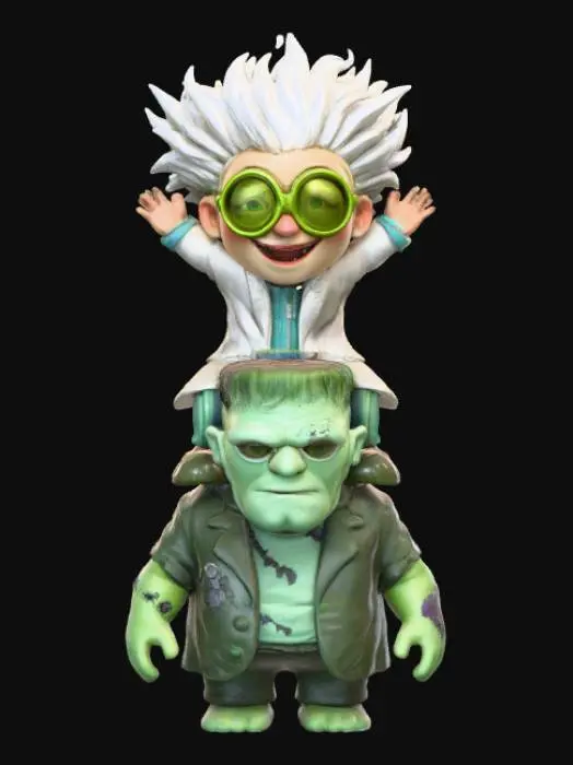 3D model for A 3D image of a chibi-style mad scientist riding on Frankenstein's shoulders. Thick and bold detail.  Muted lighting.  Matte finish.  #Halloween2025