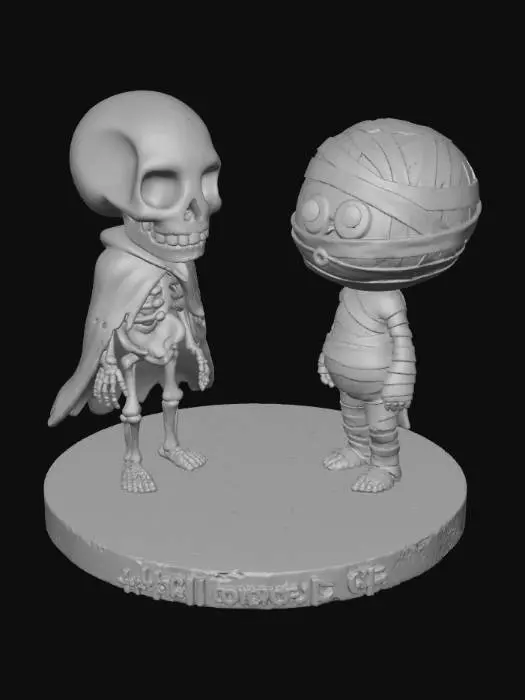 3D model for A 3D image of a chibi-style skeleton and mummy looking at each other quisically. Standing on a round base. Thick and bold detail.  Muted lighting.  Matte finish.  #Halloween2025