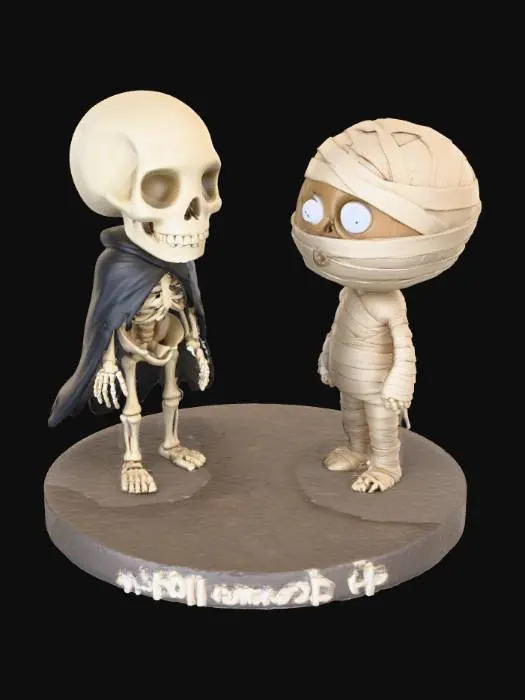 3D model for A 3D image of a chibi-style skeleton and mummy looking at each other quisically. Standing on a round base. Thick and bold detail.  Muted lighting.  Matte finish.  #Halloween2025