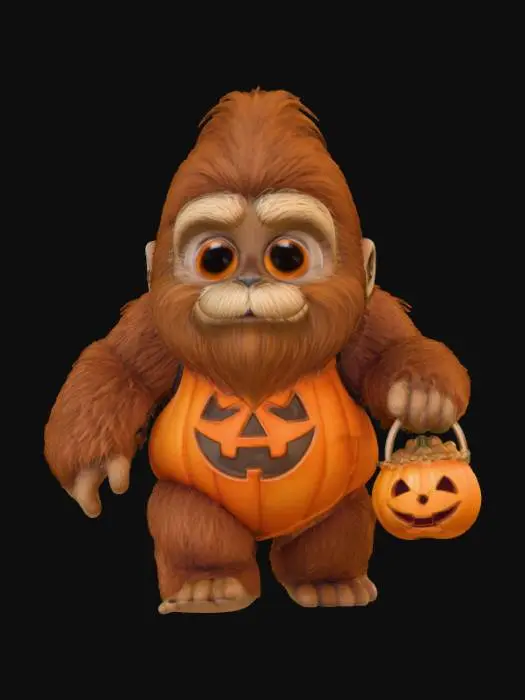 3D model for A 3D image of a chibi-style bigfoot trick-or-treating. Thick and bold details.  Highly stylized.  Matte finish.  Dusky lighting. , #Halloween2025#