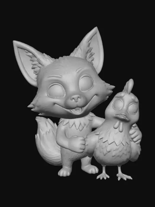 3D model for A 3D image of a chibi-style smiling sly fox with an arm around a scared looking hen. Thick and bold details.  Highly stylized.  Matte finish.  Dusky lighting. , #Halloween2025#