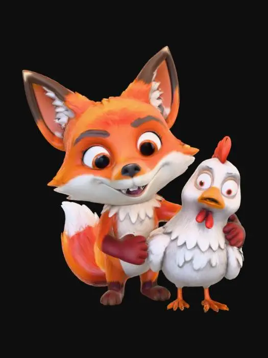 3D model for A 3D image of a chibi-style smiling sly fox with an arm around a scared looking hen. Thick and bold details.  Highly stylized.  Matte finish.  Dusky lighting. , #Halloween2025#