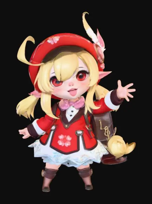 3D model for A 3D image of a chibi-style Klee from Genshin Impact.  Bold and thick details.  Highly stylized.  Highly detailed.  Standing on a round base.