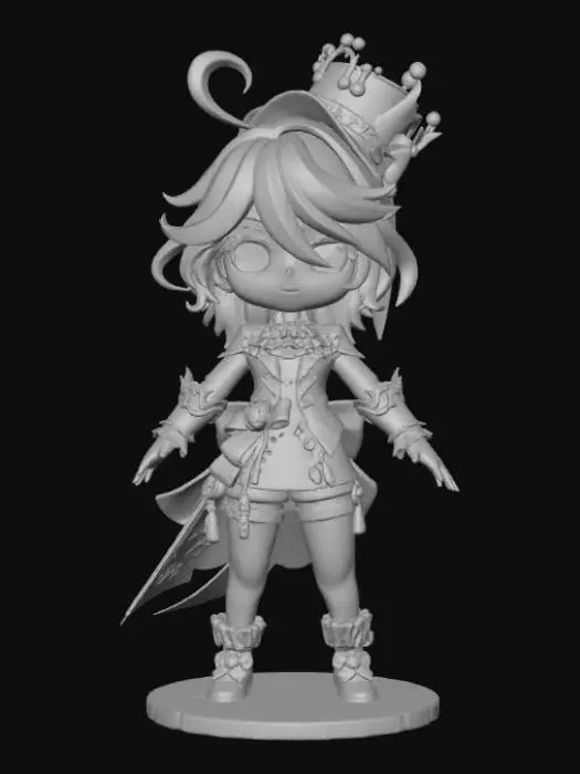 3D model for A 3D image of a chibi-style Furina from Genshin Impact.  Bold and thick details.  Highly stylized.  Highly detailed.  Standing on a round base.